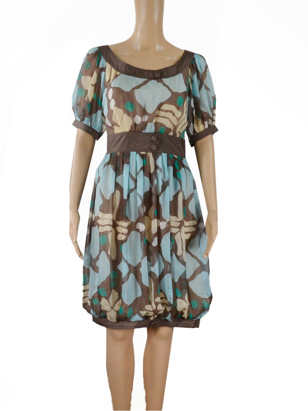 Viktor & Rolf Silk Abstract Floral Bubble Hem Short Sleeve Brown Blue Midi Dress